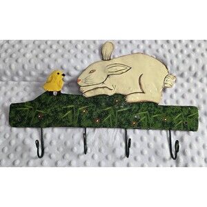 Vintage Folk Art Bunny Rabbit Metal Wall Hanger Hooks Primitive Easter Spring